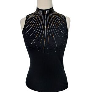 Tahari Shirt Top Rhinestone Mock Neck Sleeveless Women Size XS Black Stretch